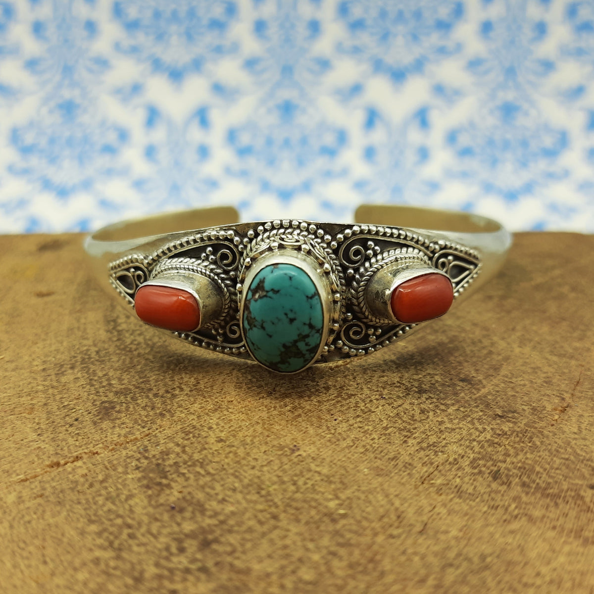 Fine Handmade Coral And Turquoise Bracelet in 925 Sterling Silver Elegant Gemstone Jewelry