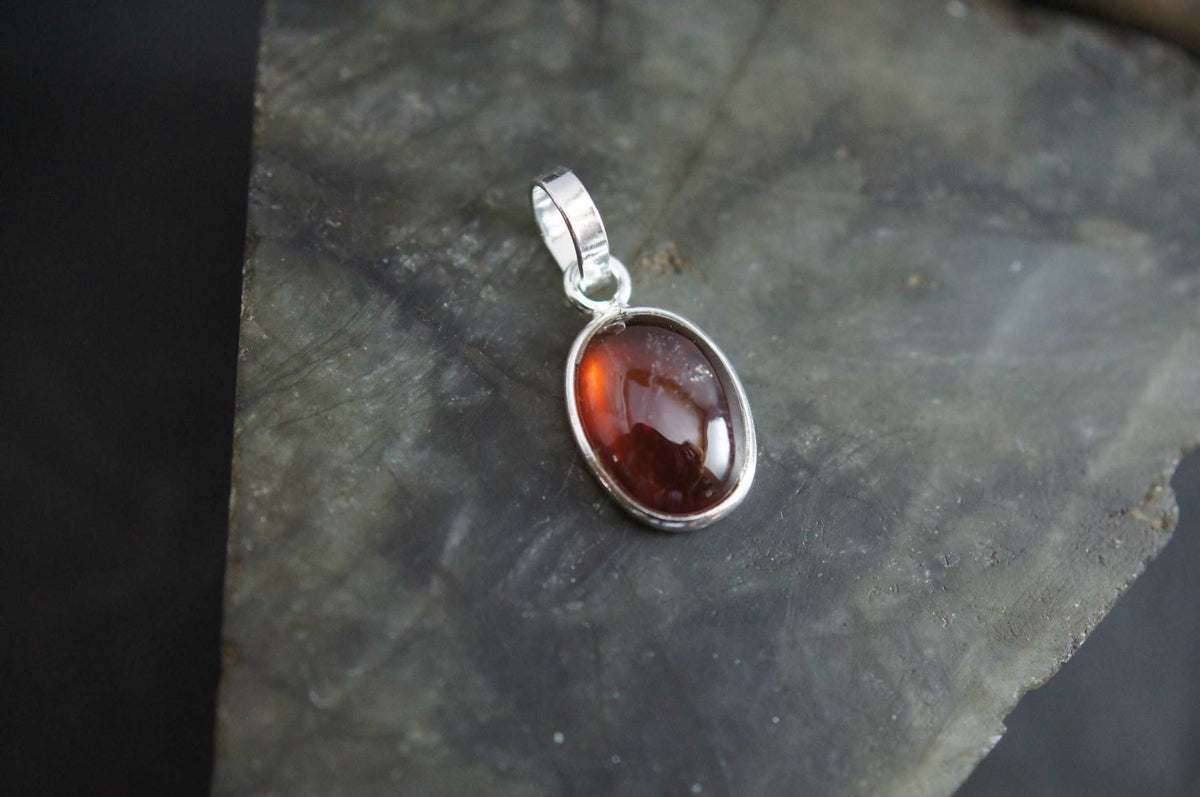 Thin Bezel Hessonite Garnet 925 Silver Pendant Handmade Gift