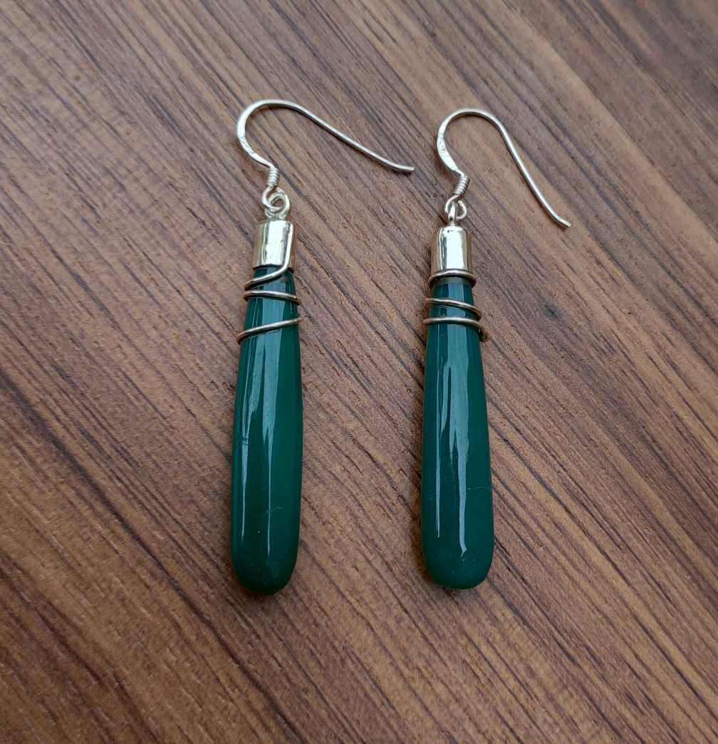 Wirewrapped Green Onyx Earring In 925 Silver