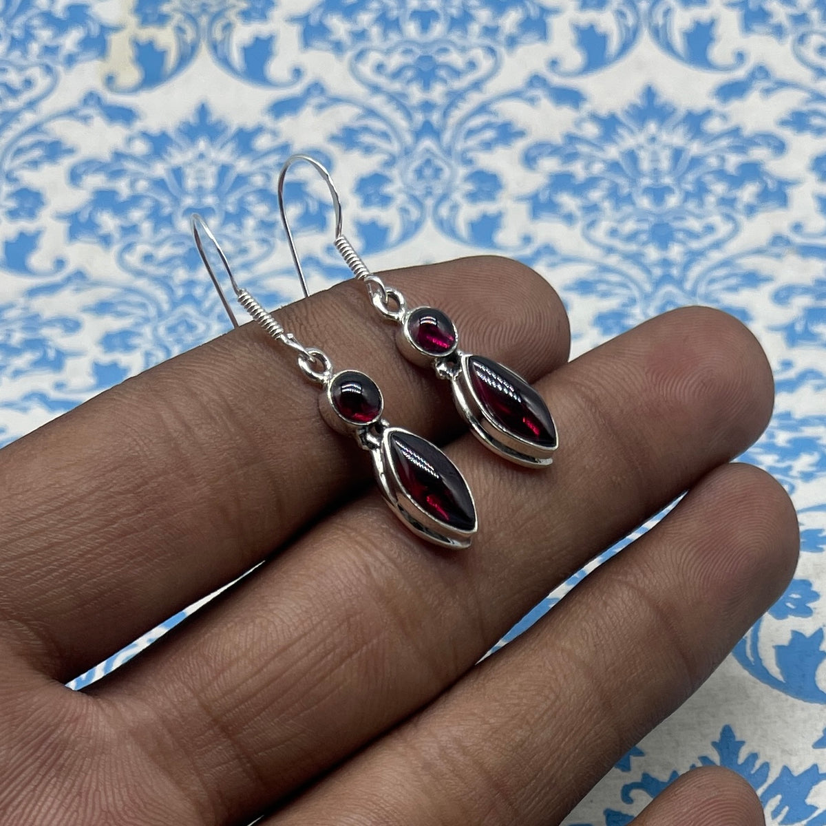 925 Sterling Silver Marquise Dangle Garnet Statement Earring