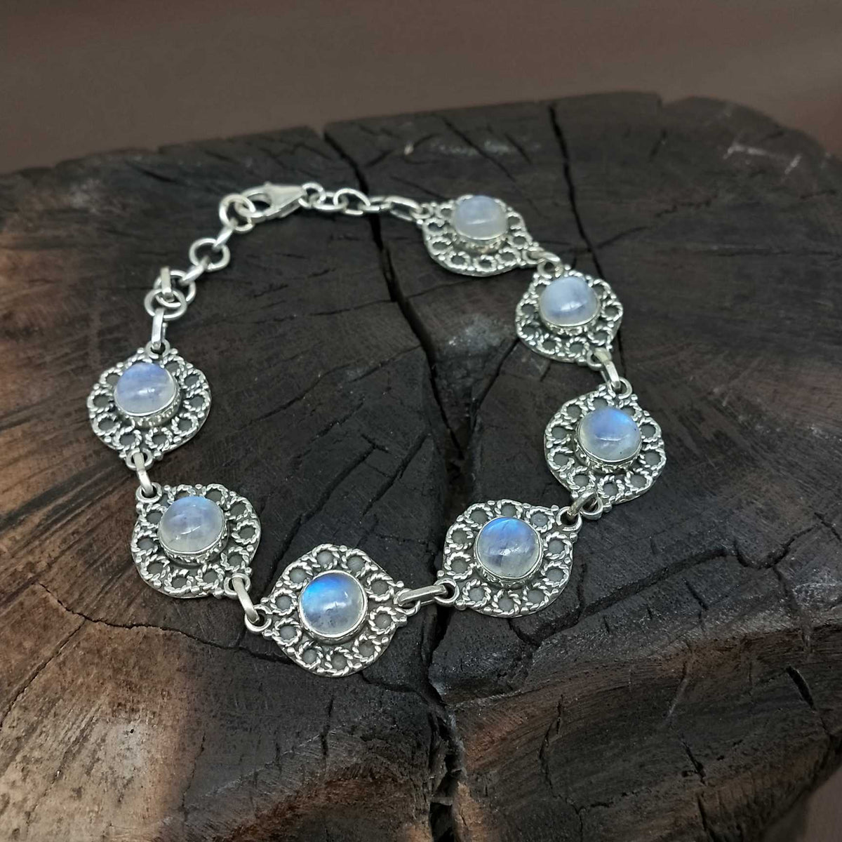 Bohemian Design Vintage 925 Sterling Silver Handmade Rainbow Moonstone Bracelet