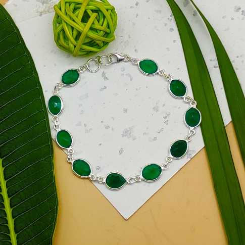 925 Silver Bezel Work Oval Green  Onyx Gemstone Bracelet