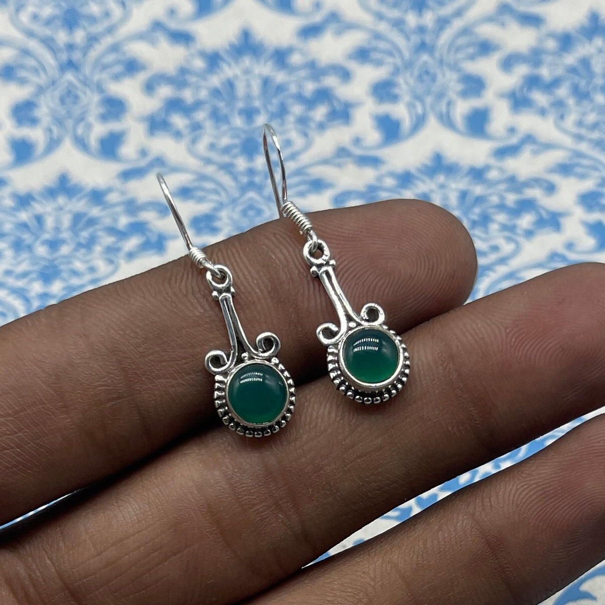 925 Sterling Silver Green Onyx  Dangle Earrings Handmade Round Shape Gemstone