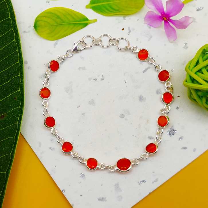 925 Silver Bezel Work Round Cranelian Gemstone Bracelet