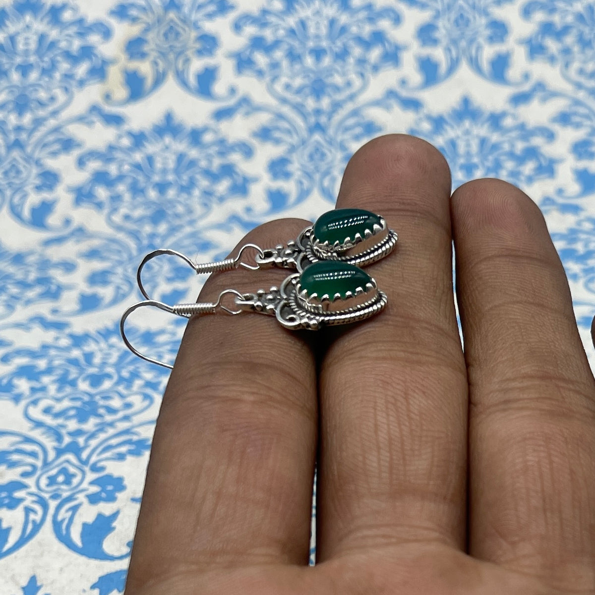 925 Silver Boho Green Onyx Earrings