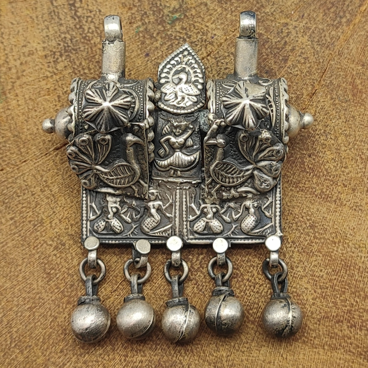 Tribal Padti Drum with Hanging Vintage Solid Silver Pendant Antique Finish Handmade