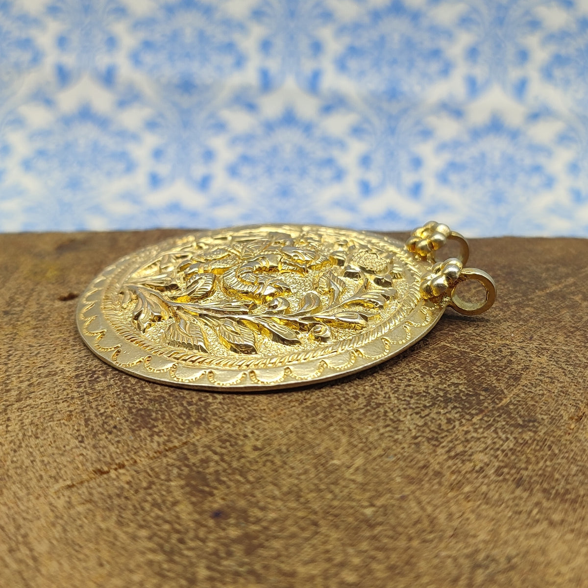 Gold Plated Tribal Floral Pattern Vintage Solid Silver Pendant Antique Finish Handmade