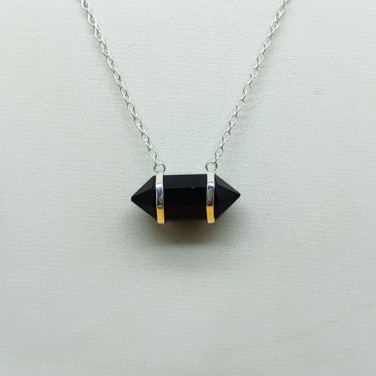 Black Onyx Double Terminated 925 Silver Chain Pendant