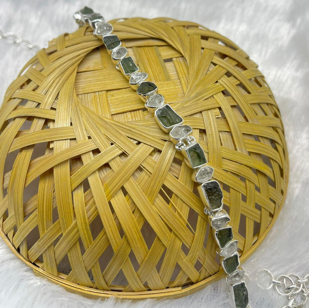925 Sterling Silver Moldavite & Herkimer Diamond Choker Necklace – Raw Gemstone Jewelry