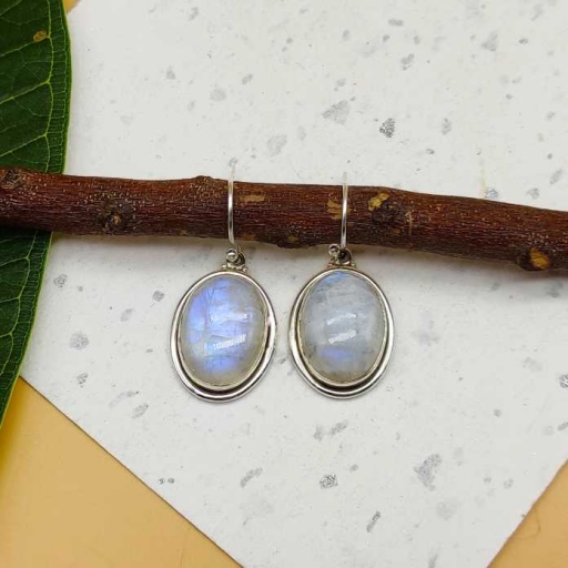 Oval Shape Rainbow Moonstone Gemstone 925 Sterling Silver Handmade Earring