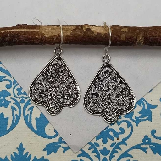Triangular Shape Jali Design Handmade Bohemian 925 Sterling Silver Earring