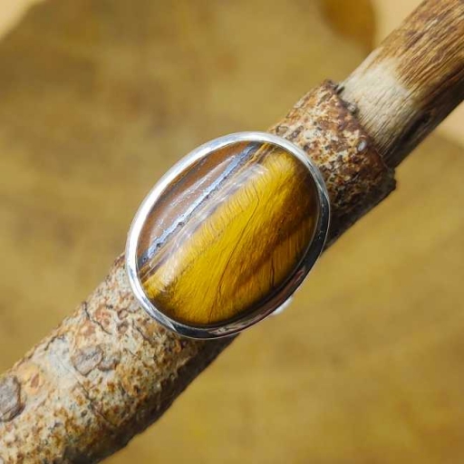 Cabochon Tiger Eye Gemstone Yellow & Black 925 Sterling Silver Ring