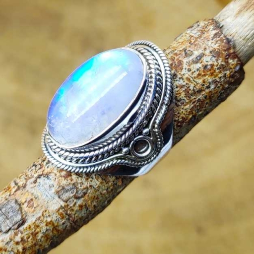 White with Blue Flash Moonstone Gemstone 925 Sterling Silver Ring