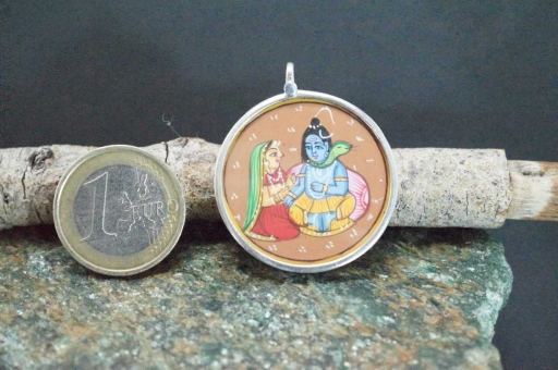 Sterling Silver 925 Glass Framed Handpainted Lord Radha Krishna On Cloth Pendant