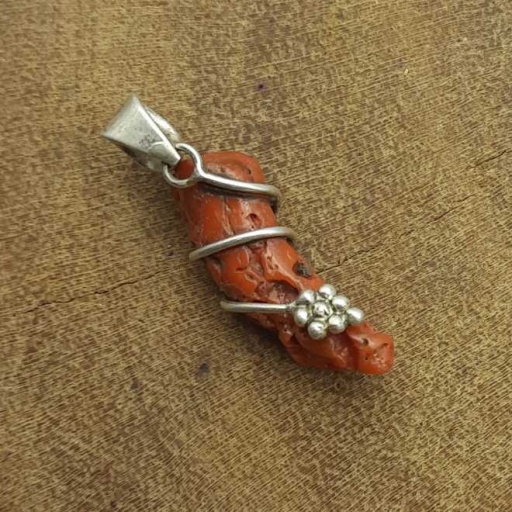 925 Sterling Silver Handmade Wire Pencil Shape Authentic Raw Coral Gemstone Pendant