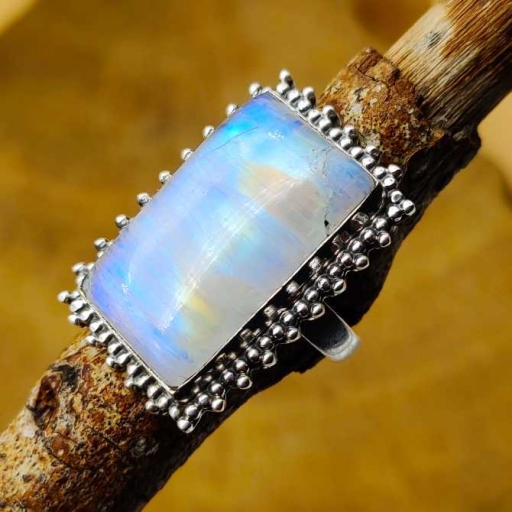 925 Sterling Silver Rainbow Moonstone Gemstone Square Shape Ring