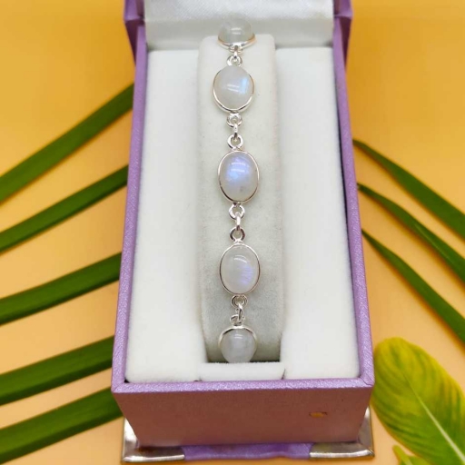 Oval Shape Rainbow Moonstone Gemstone Handmade 925 Silver Bezel Bracelet