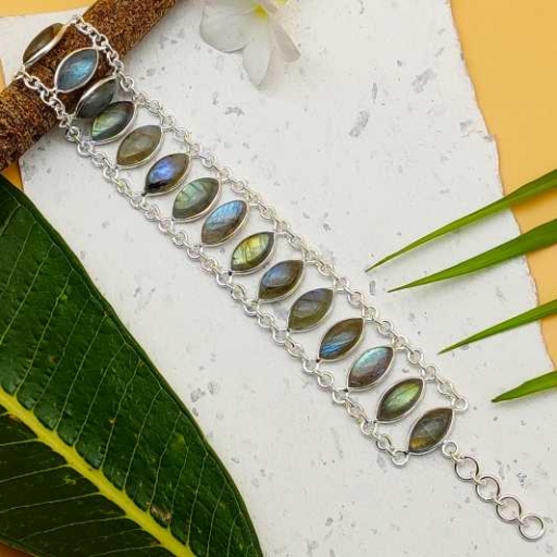Cabochon Labradorite Gemstone Handmade Bracelet With Chain Design 925 Sterling Silver
