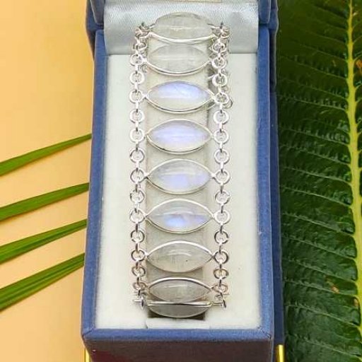 Marquise Shape Cabochon Moonstone Gemstone Handmade Bracelet With Chain Design