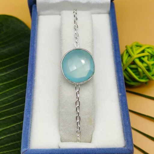 Dainty Chain Bracelet With 925 Sterling Silver And Faceted Aqua Chalcy Gemstone Handmade