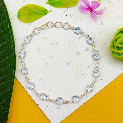 Stunning Round Shape Faceted Aquamarine Gemstone Sterling Silver Bracelet