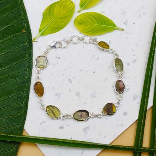 Thin Tourmaline Faceted Talpe Gemstone 925 Sterling Silver Bracelet