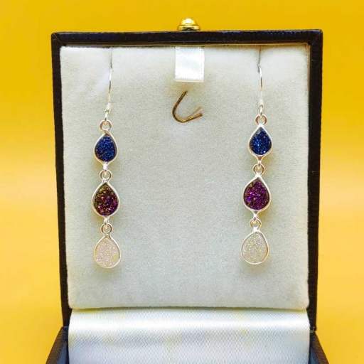 Blue , Pink And Pearl Shine 925 Sterling Silver Drop Shape Silver Earring