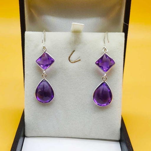 Faceted Cushion Shape Amethyst Gemstone 925 Sterling Silver Earring