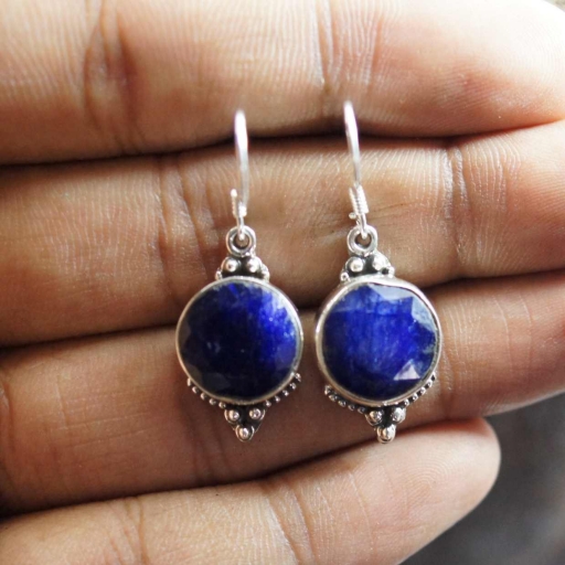 Faceted Sapphire Gemstone (Dyed) Round Shape 925 Sterling Silver Earring