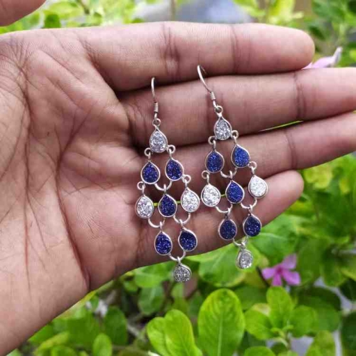 Party Wear Blue And Silver Titanium Druzy Sterling Silver Chandelier Earring