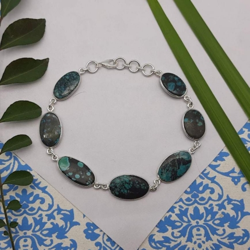 Cabochon Tibeti Turquoise Gemstone 925 Sterling  Silver Boho Bracelet