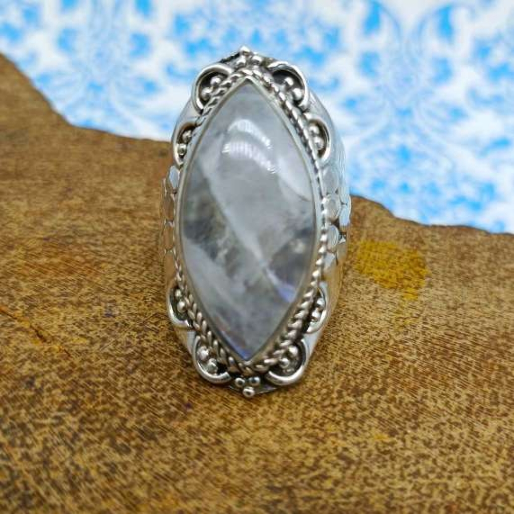 Rainboow Moonstone Marquiseee Shape 925 Sterling Silver Handmade Gemstone Boho Ring