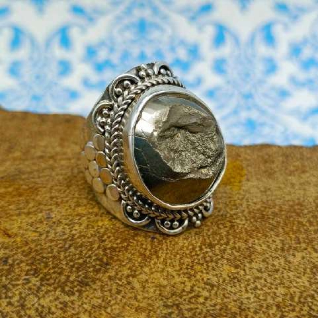 925 Sterling Silver Pyrite Round Shape Handmade Gemstone Boho Ring