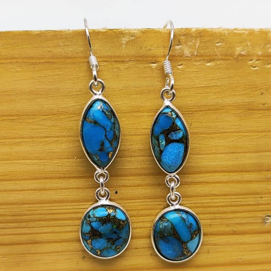 925 Sterling Silver Blue Copper Turquoise Oval & Marquise Shape Gemstone Boho Earring