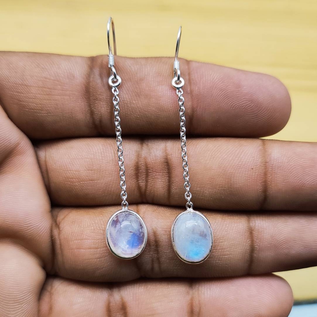 925 Sterling Silver Cabochon Long Rainbow Moonstone Earring Jewelry