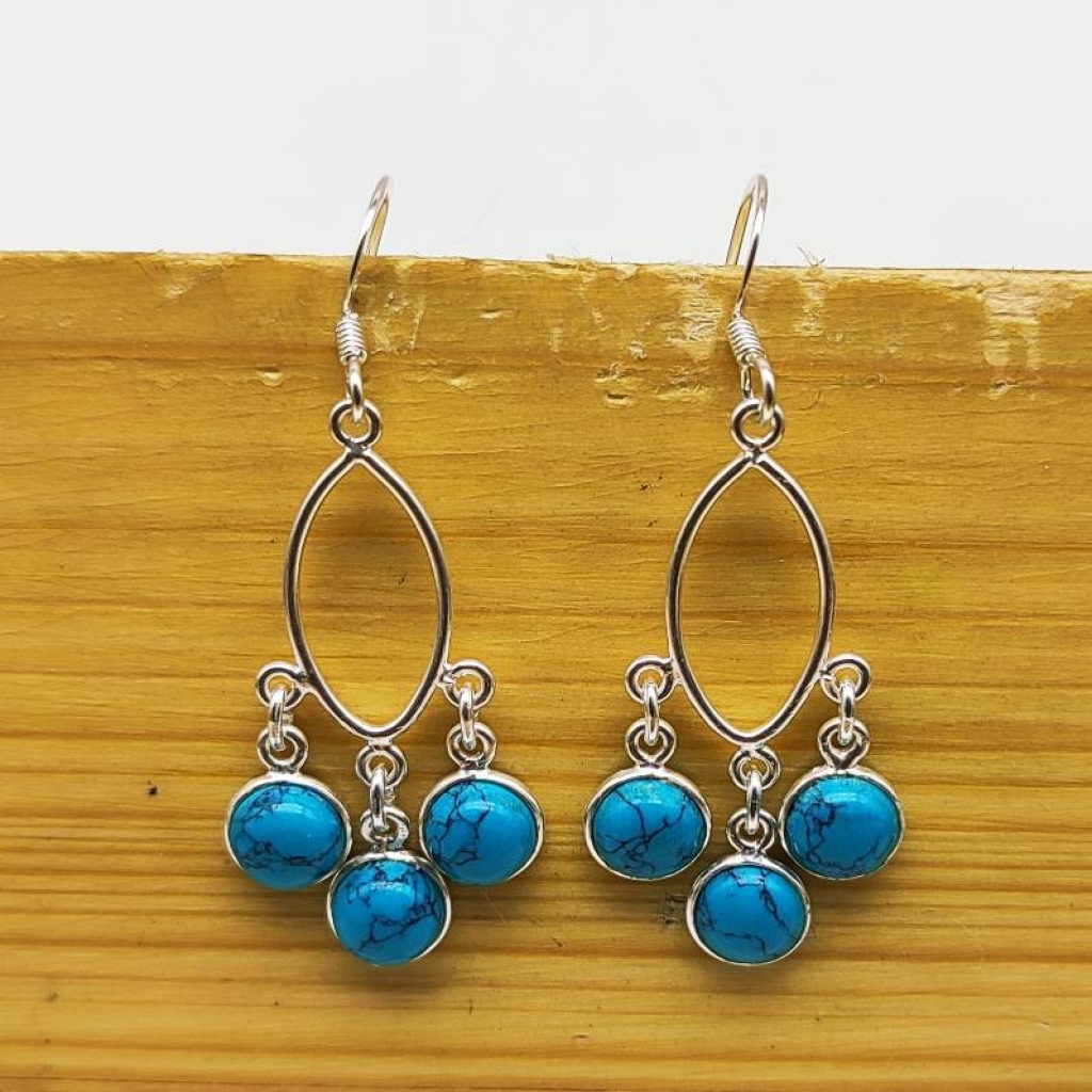 Natural Turquoise 925 Sterling Silver Round Shape Handmade Earring Jewelry