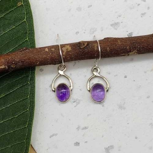 Handmade Dainty Oval Shape Cabochon Amethyst Gemstone 925 Sterling Silver Earring