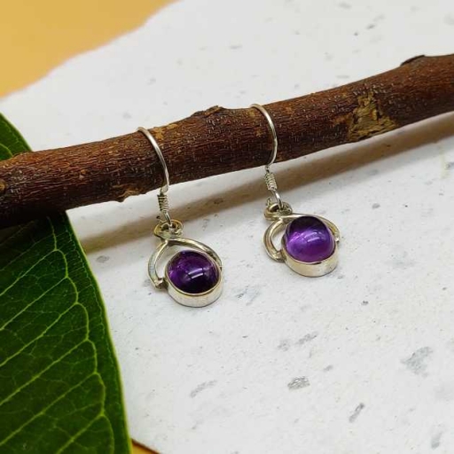 Handmade Dainty Oval Shape Cabochon Amethyst Gemstone 925 Sterling Silver Earring