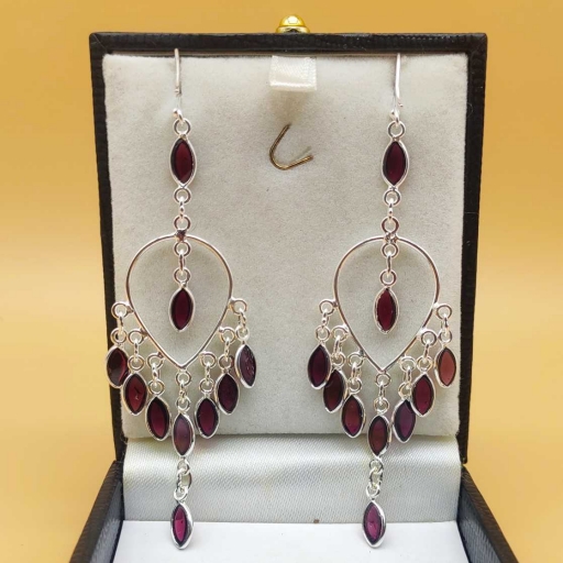 Long Marquise Shape Red Garnet Gemstone Handmade 925  Sterling Silver Design Earring