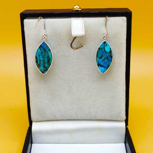 Marquise Shape Blue Copper Turquoise 925 Sterling Silver Handmade Earring