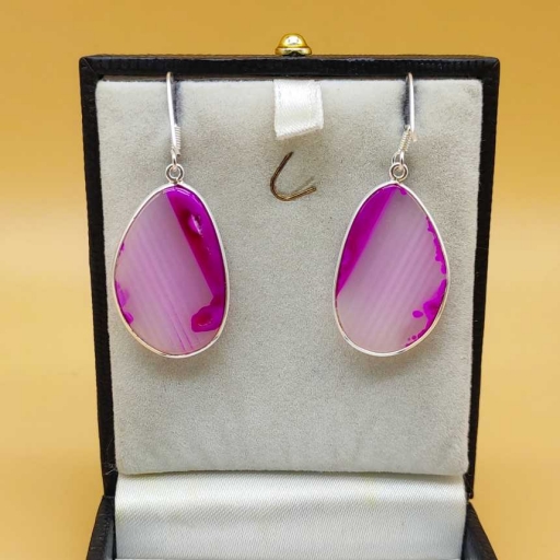 Pink Agate Slice Gemstone Handmade 925 Sterling Silver Earring