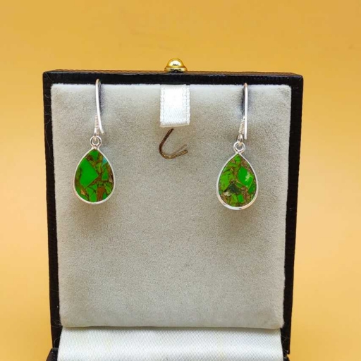 Drop Shape Green Copper Turquoise Gemstone 925 Sterling  Silver Earring
