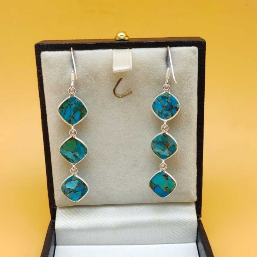Cushion Shape Blue Copper Turquoise Gemstone 925 Sterling Silver Earring For Gift