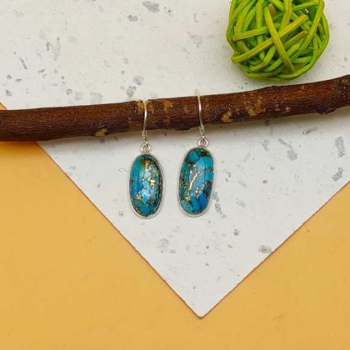 Rectangle Shape Blue Copper Turquoise Handmade 925 Sterling Silver Earring