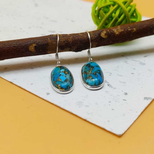 Rectangle Shape Blue Copper Turquoise Handmade 925 Sterling Silver Earring