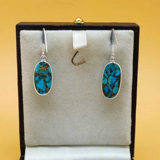 Rectangle Shape Blue Copper Turquoise Handmade 925 Sterling Silver Earring