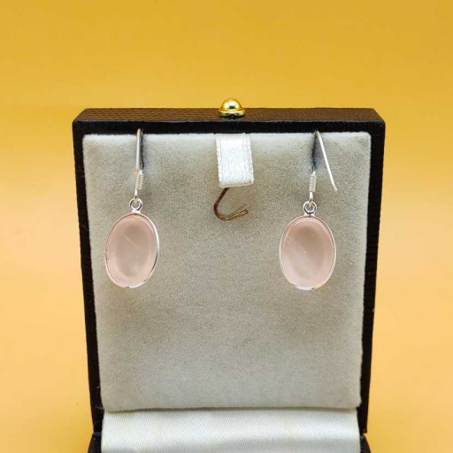 Oval Shape Rose Quartz Gemstone 925 Sterling Silver Handmade Earring