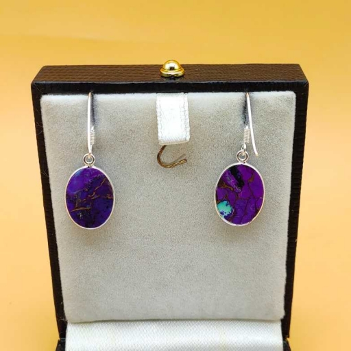 Oval Shape Purple Copper Turquoise Gemstone 925 Sterling Silver Handmade Earring