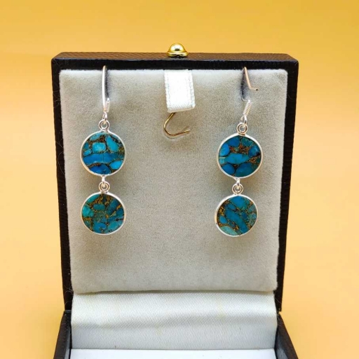 Blue Copper Turquoise 925 Sterling Silver Handmade Dual Stone Earring
