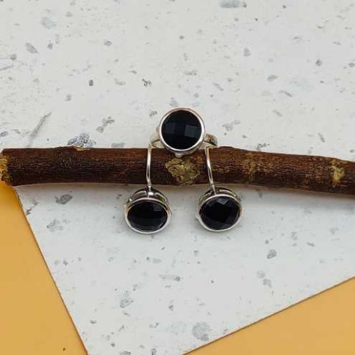 925 Sterling Silver Handmade Black Onyx Gemstone Ring And Earring Combo